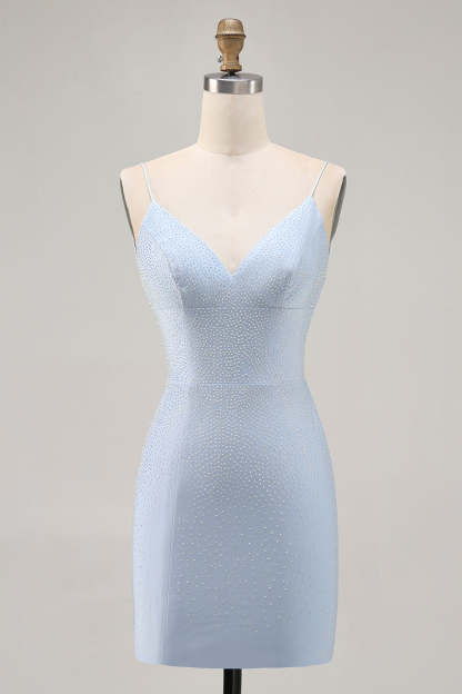 Leely Women Sparkly Blue Tight Short Homecoming Dress with Beading Spaghetti Straps Backless Cocktail Dress