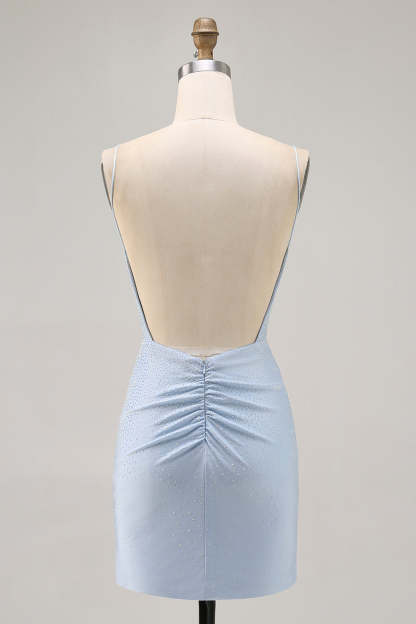 Sparkly Blue Tight Short Backless Homecoming Dress with Beading