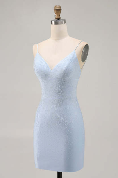 Sparkly Blue Tight Short Backless Homecoming Dress with Beading