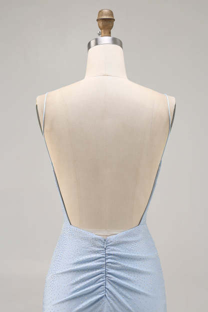 Sparkly Blue Tight Short Backless Homecoming Dress with Beading