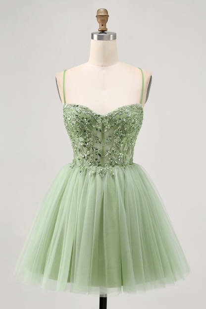 Leely Women Sparkly Green Corset Short Homecoming Dress with Beading Tulle A Line Spaghetti Straps Cocktail Dress