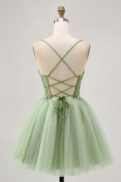 Sparkly Green Corset A Line Short Homecoming Dress with Lace