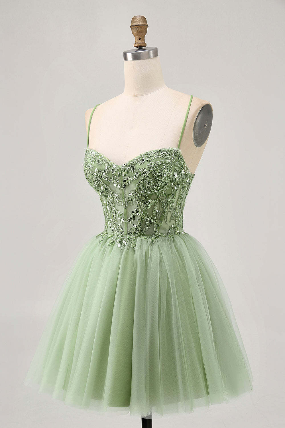 Sparkly Green Corset A Line Short Homecoming Dress with Lace