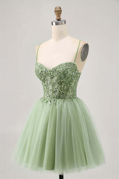 Sparkly Green Corset A Line Short Homecoming Dress with Lace