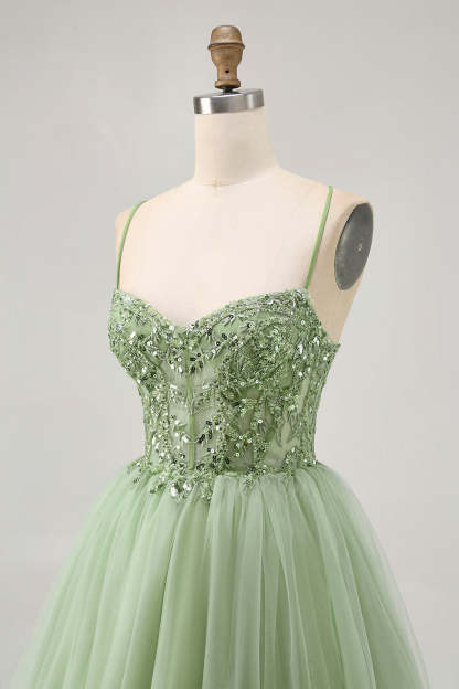 Sparkly Green Corset A Line Short Homecoming Dress with Lace
