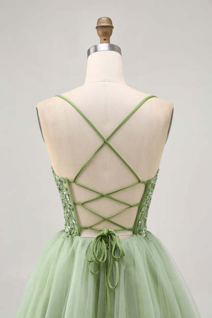 Sparkly Green Corset A Line Short Homecoming Dress with Lace
