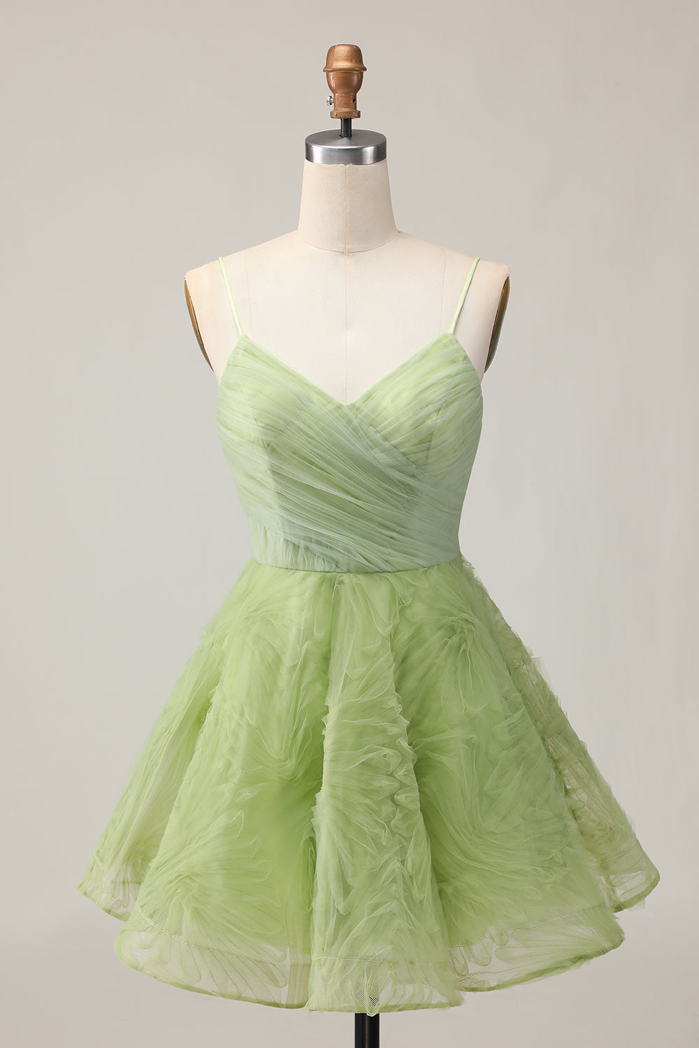 Leely Women Green Tulle Short Homecoming Dress with Ruffles A Line Ruched Spaghetti Straps Backless Cocktail Dress
