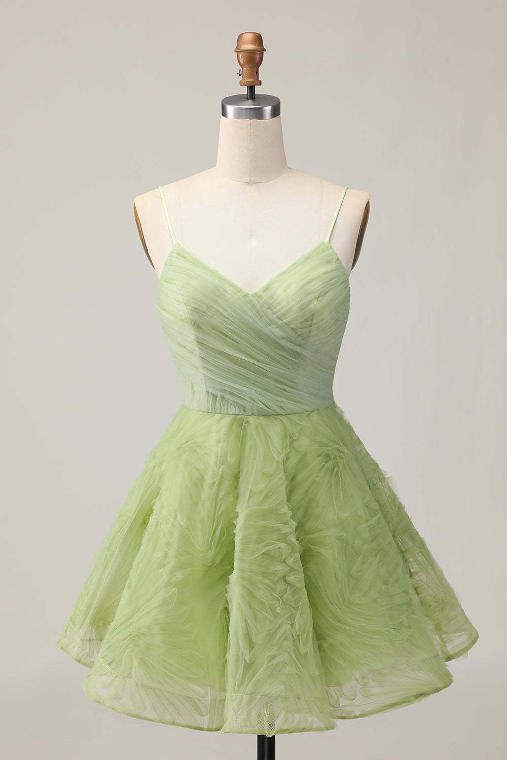 Leely Women Green Tulle Short Homecoming Dress with Ruffles A Line Ruched Spaghetti Straps Backless Cocktail Dress