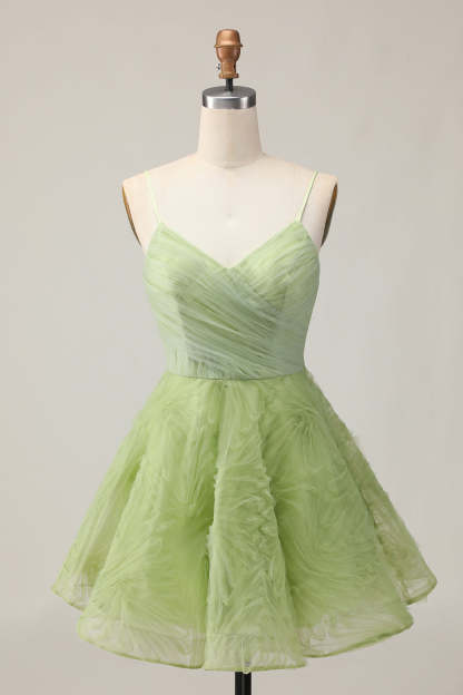 Leely Women Green Tulle Short Homecoming Dress with Ruffles A Line Ruched Spaghetti Straps Backless Cocktail Dress
