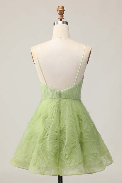 Green A Line Spaghetti Straps Ruched Backless Short Homecoming Dress