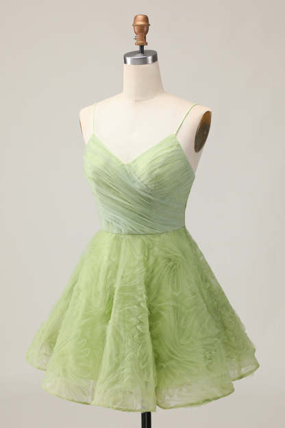 Green A Line Spaghetti Straps Ruched Backless Short Homecoming Dress