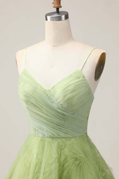 Green A Line Spaghetti Straps Ruched Backless Short Homecoming Dress