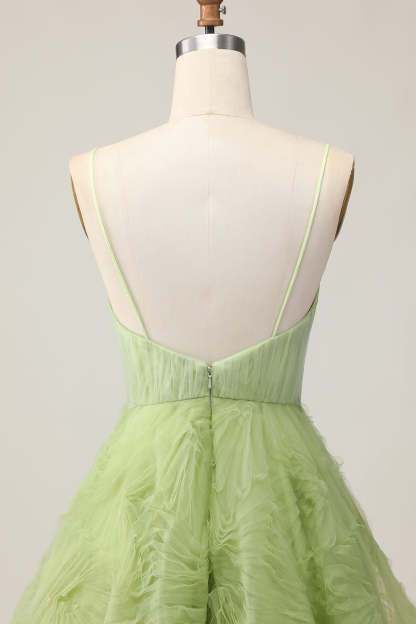 Green A Line Spaghetti Straps Ruched Backless Short Homecoming Dress