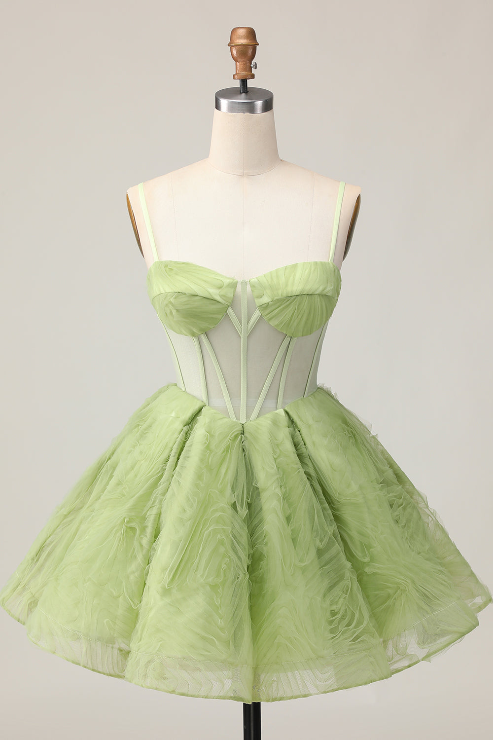 Leely Women Green Corset Short Homecoming Dress with Ruffles Tulle A Line Spaghetti Straps See Through Cocktail Dress
