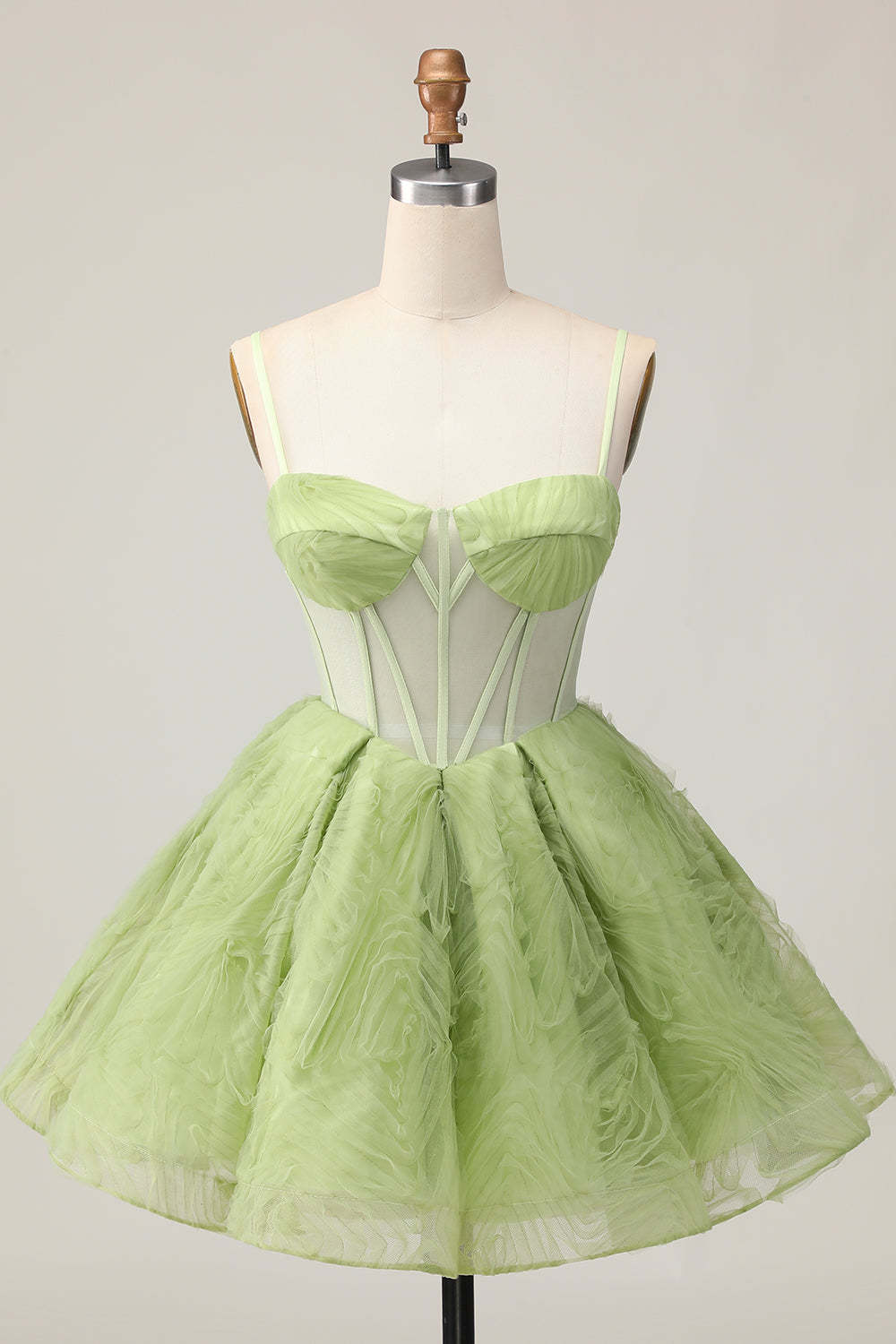 Leely Women Green Corset Short Homecoming Dress with Ruffles Tulle A Line Spaghetti Straps See Through Cocktail Dress