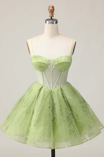 Leely Women Green Corset Short Homecoming Dress with Ruffles Tulle A Line Spaghetti Straps See Through Cocktail Dress