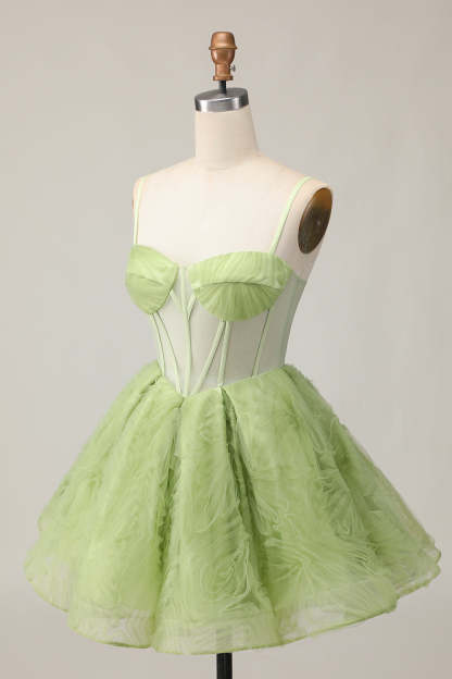 Green Corset A Line See Through Spaghetti Straps Short Homecoming Dress