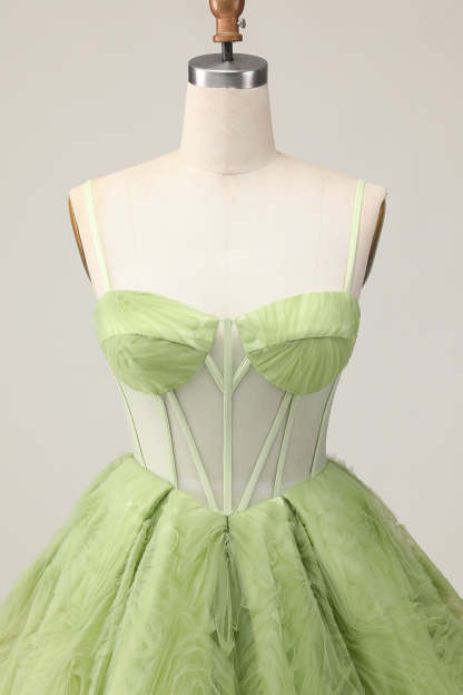 Green Corset A Line See Through Spaghetti Straps Short Homecoming Dress