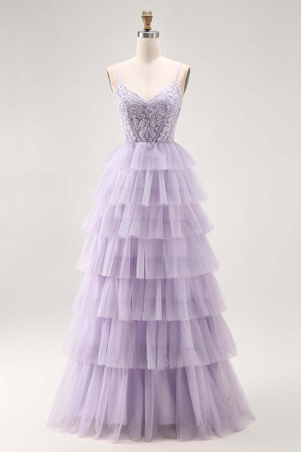 Leely Women Glitter Lilac Corset Tiered Long Tulle Prom Dress with Lace A Line Spaghetti Straps Lace Up Back Pageant Dress