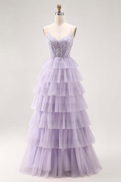 Leely Women Glitter Lilac Corset Tiered Long Tulle Prom Dress with Lace A Line Spaghetti Straps Lace Up Back Pageant Dress