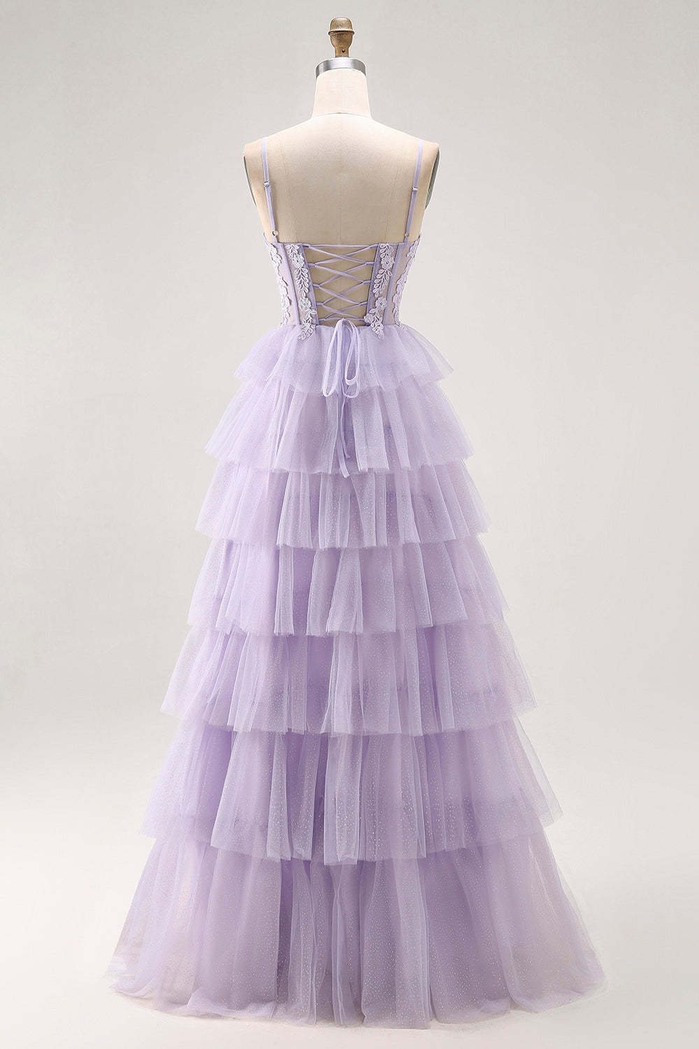 Glitter Lilac Corse Tiered  A Line Long Prom Dress with Lace