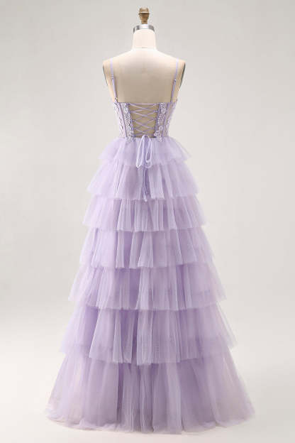 Glitter Lilac Corse Tiered  A Line Long Prom Dress with Lace