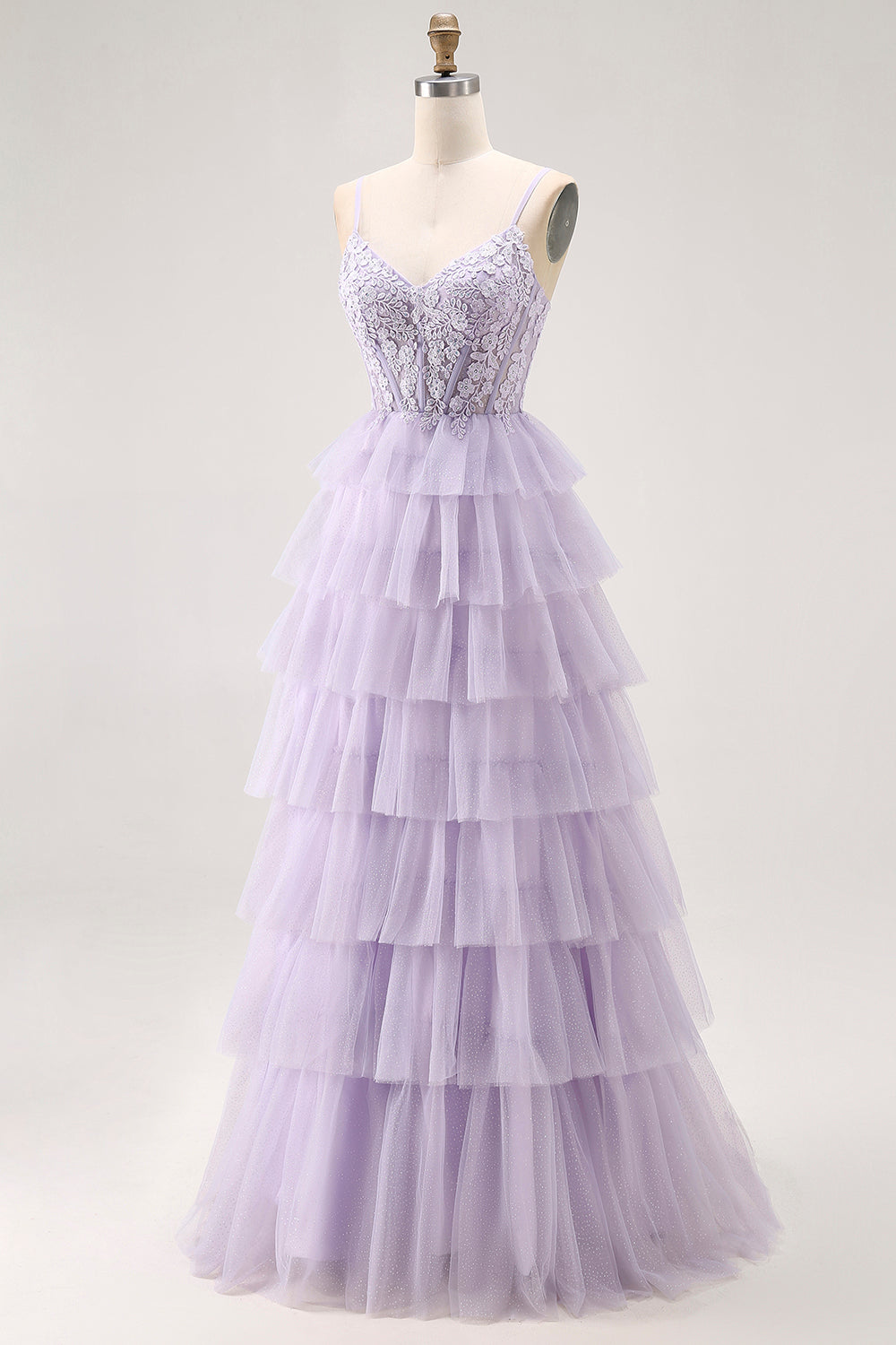 Glitter Lilac Corse Tiered  A Line Long Prom Dress with Lace
