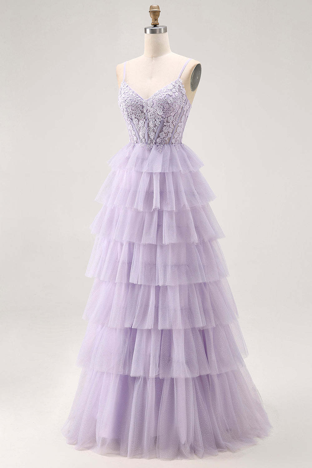 Glitter Lilac Corse Tiered  A Line Long Prom Dress with Lace