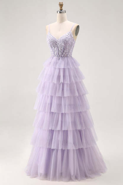 Glitter Lilac Corse Tiered  A Line Long Prom Dress with Lace