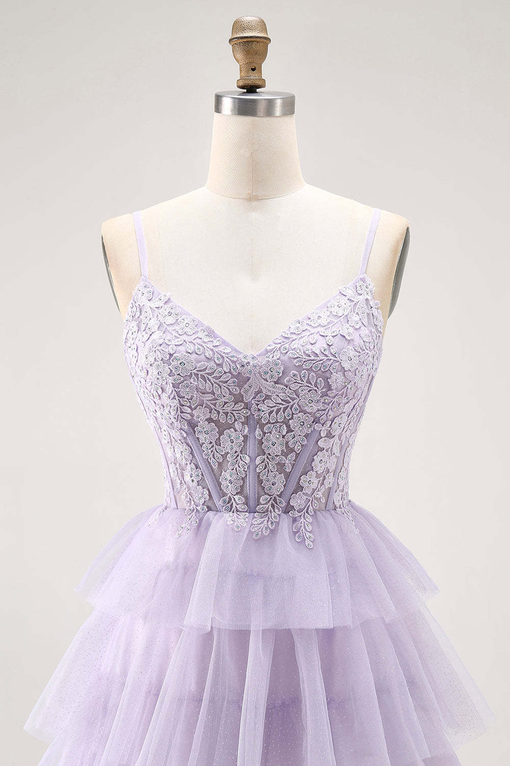 Glitter Lilac Corse Tiered  A Line Long Prom Dress with Lace
