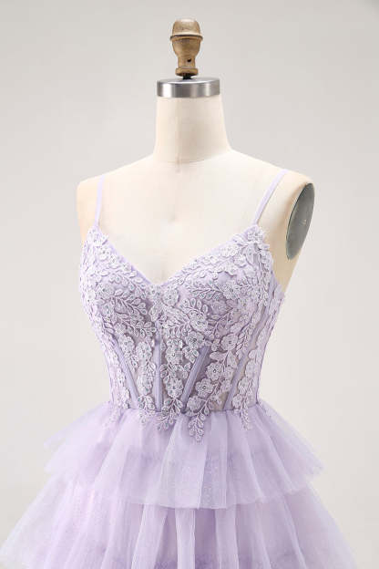 Glitter Lilac Corse Tiered  A Line Long Prom Dress with Lace