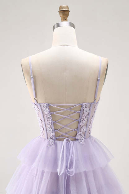 Glitter Lilac Corse Tiered  A Line Long Prom Dress with Lace