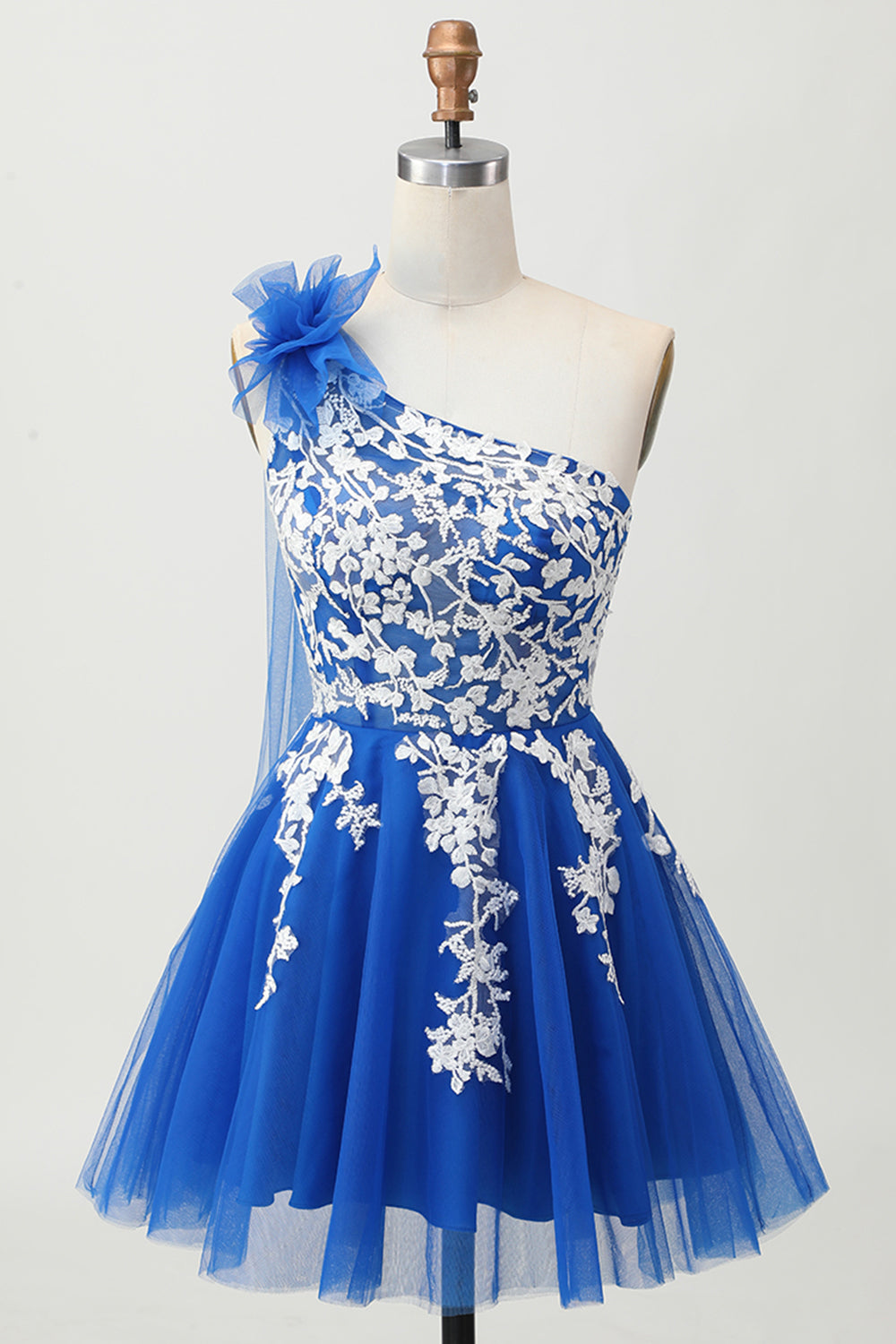 Leely Women Royal Blue Tulle Short Homecoming Dress with 3D Flower One Shoulder A Line Lace Up Back Cocktail Dress with Lace