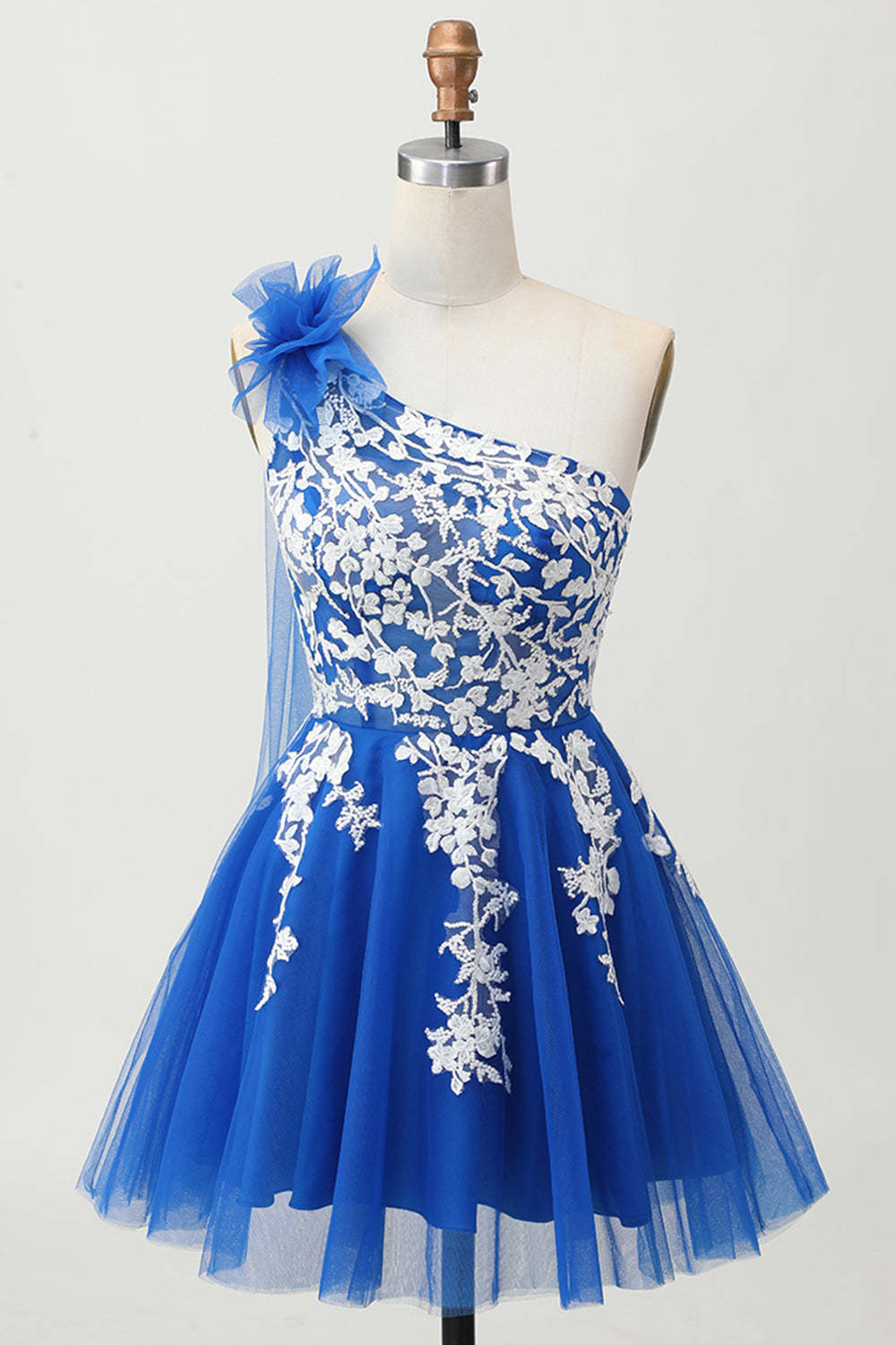 Leely Women Royal Blue Tulle Short Homecoming Dress with 3D Flower One Shoulder A Line Lace Up Back Cocktail Dress with Lace