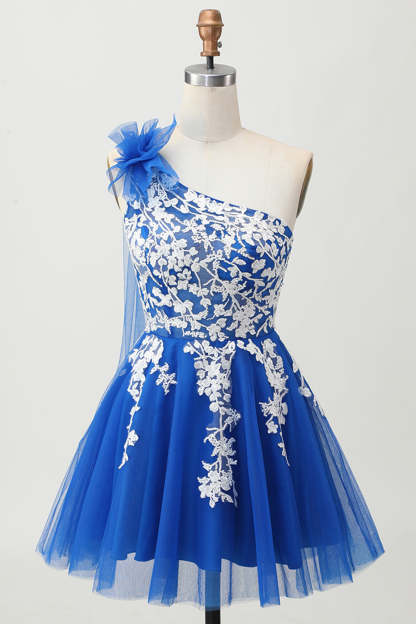 Leely Women Royal Blue Tulle Short Homecoming Dress with 3D Flower One Shoulder A Line Lace Up Back Cocktail Dress with Lace