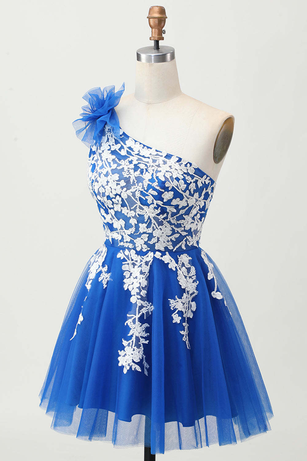 Royal Blue Tulle One Shoulder Short Homecoming Dress with 3D Flower