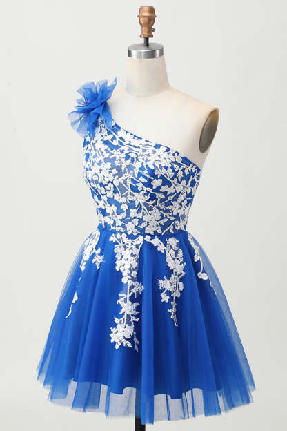 Royal Blue Tulle One Shoulder Short Homecoming Dress with 3D Flower