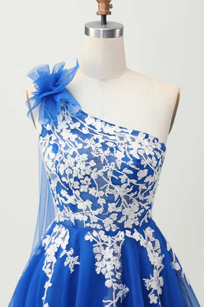 Royal Blue Tulle One Shoulder Short Homecoming Dress with 3D Flower