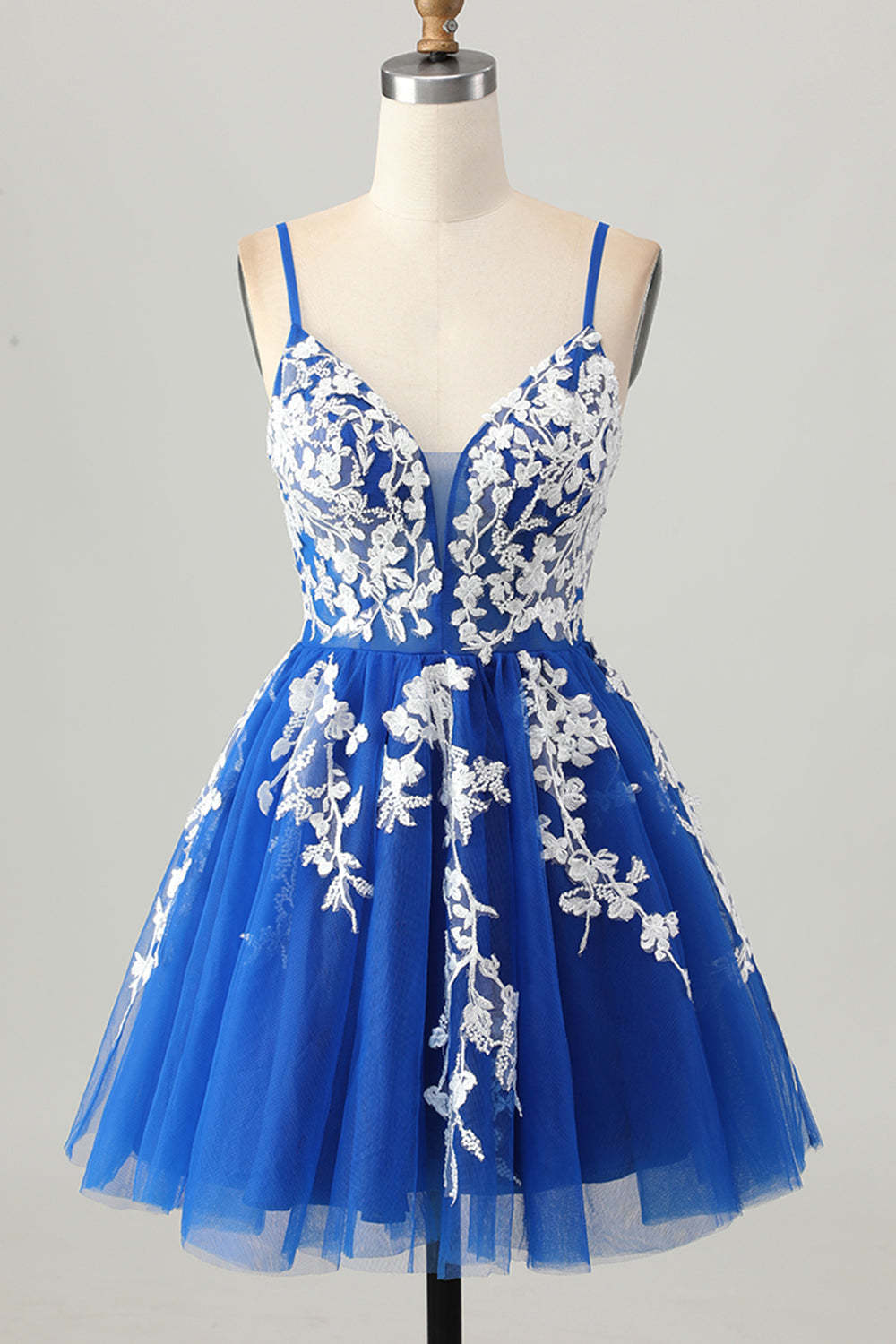 Leely Women Royal Blue White Tulle Short Homecoming Dress with Appliques Spaghetti Straps A Line Lace Up Back Cocktail Dress with Lace