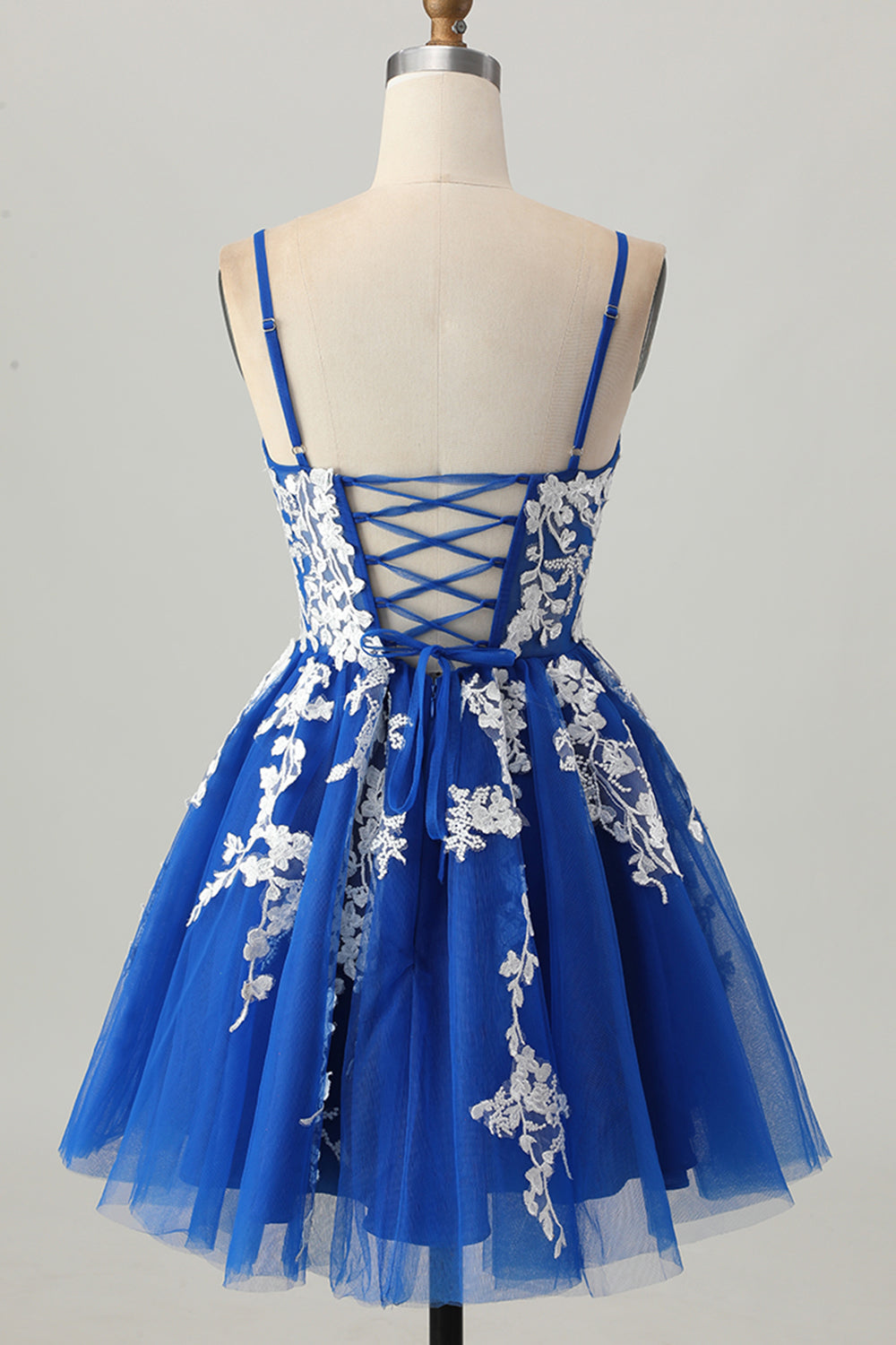 Royal Blue White Tulle A Line Spaghetti Straps Short Homecoming Dress with Appliques