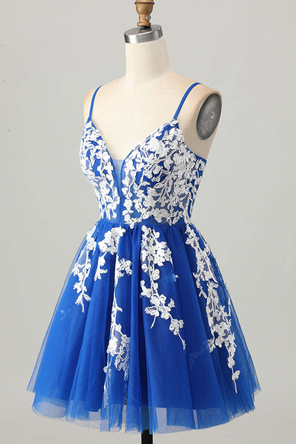 Royal Blue White Tulle A Line Spaghetti Straps Short Homecoming Dress with Appliques