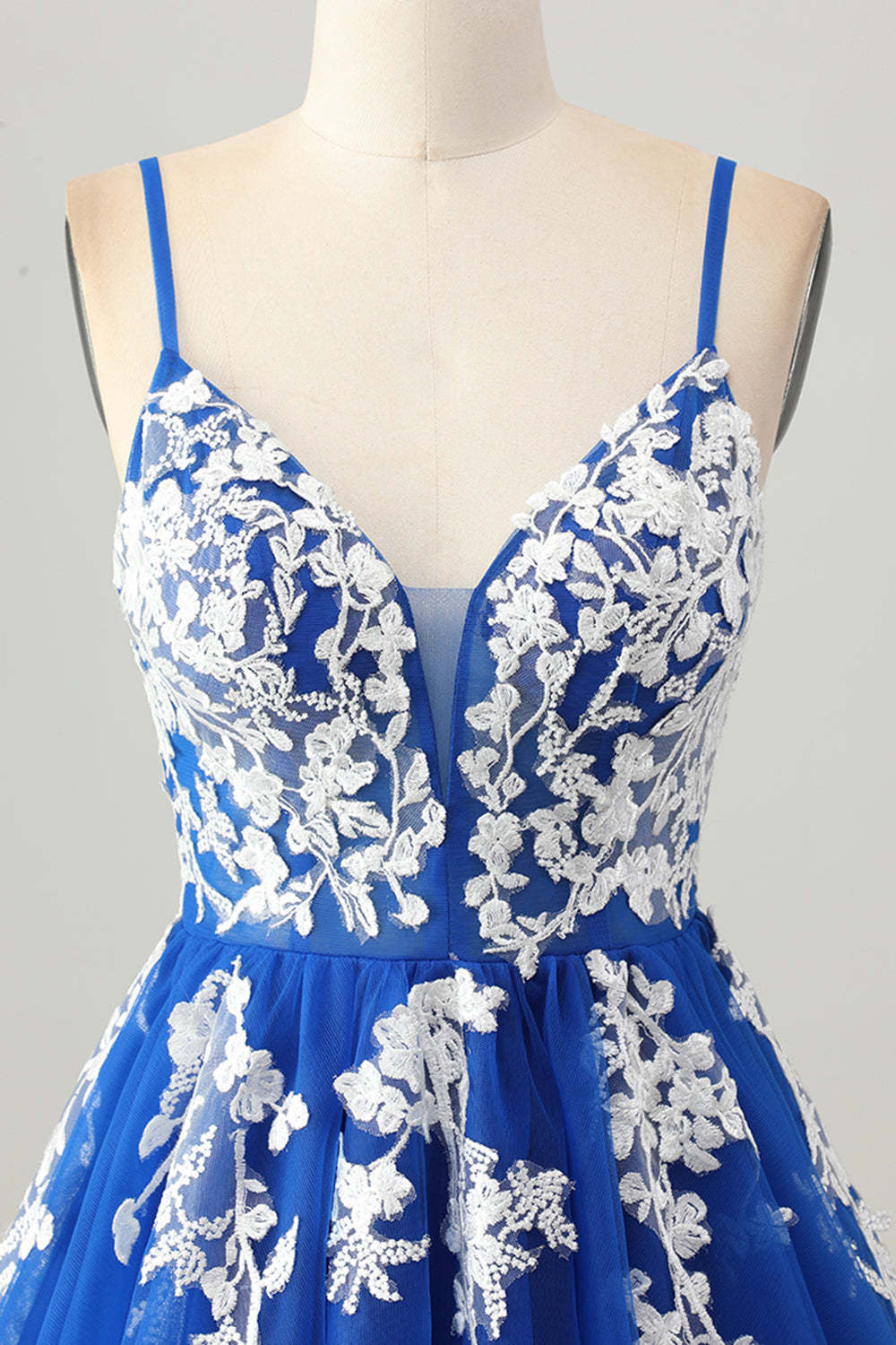 Royal Blue White Tulle A Line Spaghetti Straps Short Homecoming Dress with Appliques