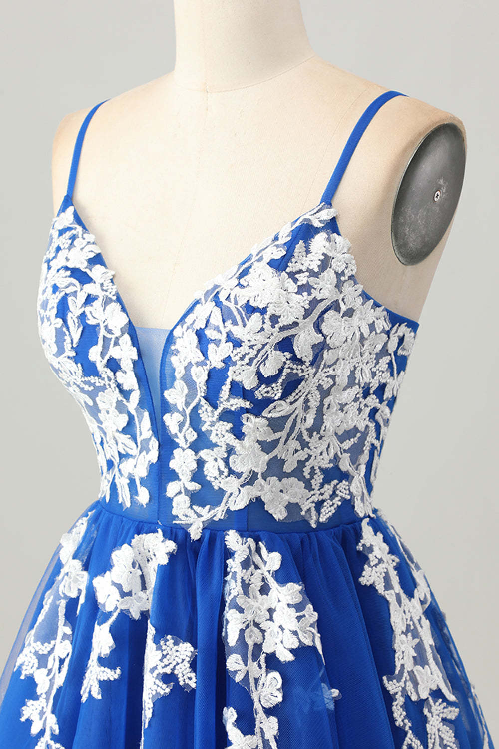 Royal Blue White Tulle A Line Spaghetti Straps Short Homecoming Dress with Appliques