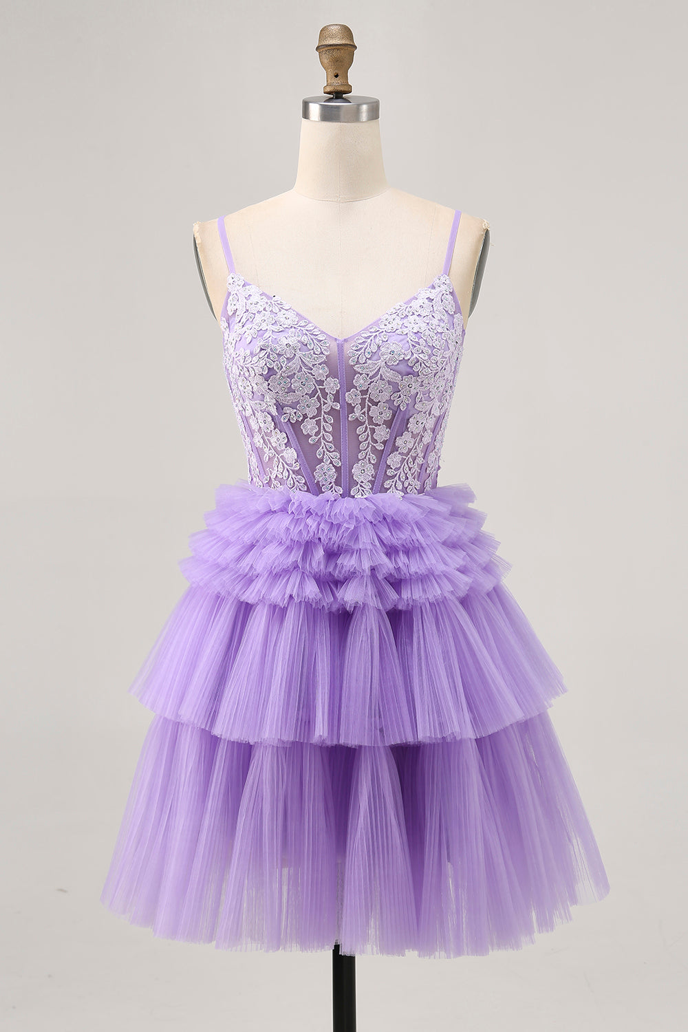 Lavender Floral Short Corset Tiered Homecoming Dress with Applique