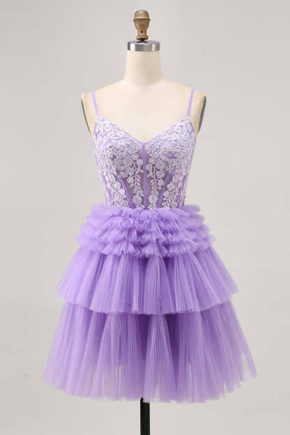 Leely Women Lavender Floral Tulle Short Corset Homecoming Dress with Applique A Line V-Neck Tiered Lace Up Back Cocktail Dress with Ruffles