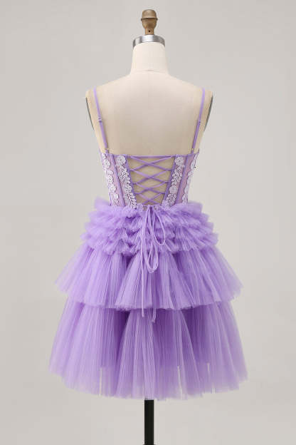 Lavender Floral Short Corset Tiered Homecoming Dress with Applique