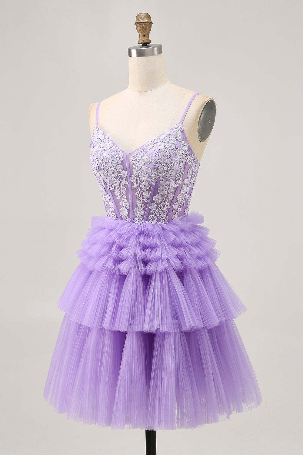 Lavender Floral Short Corset Tiered Homecoming Dress with Applique