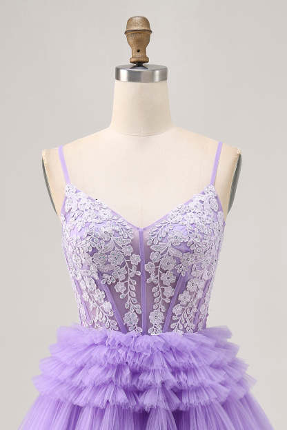 Lavender Floral Short Corset Tiered Homecoming Dress with Applique