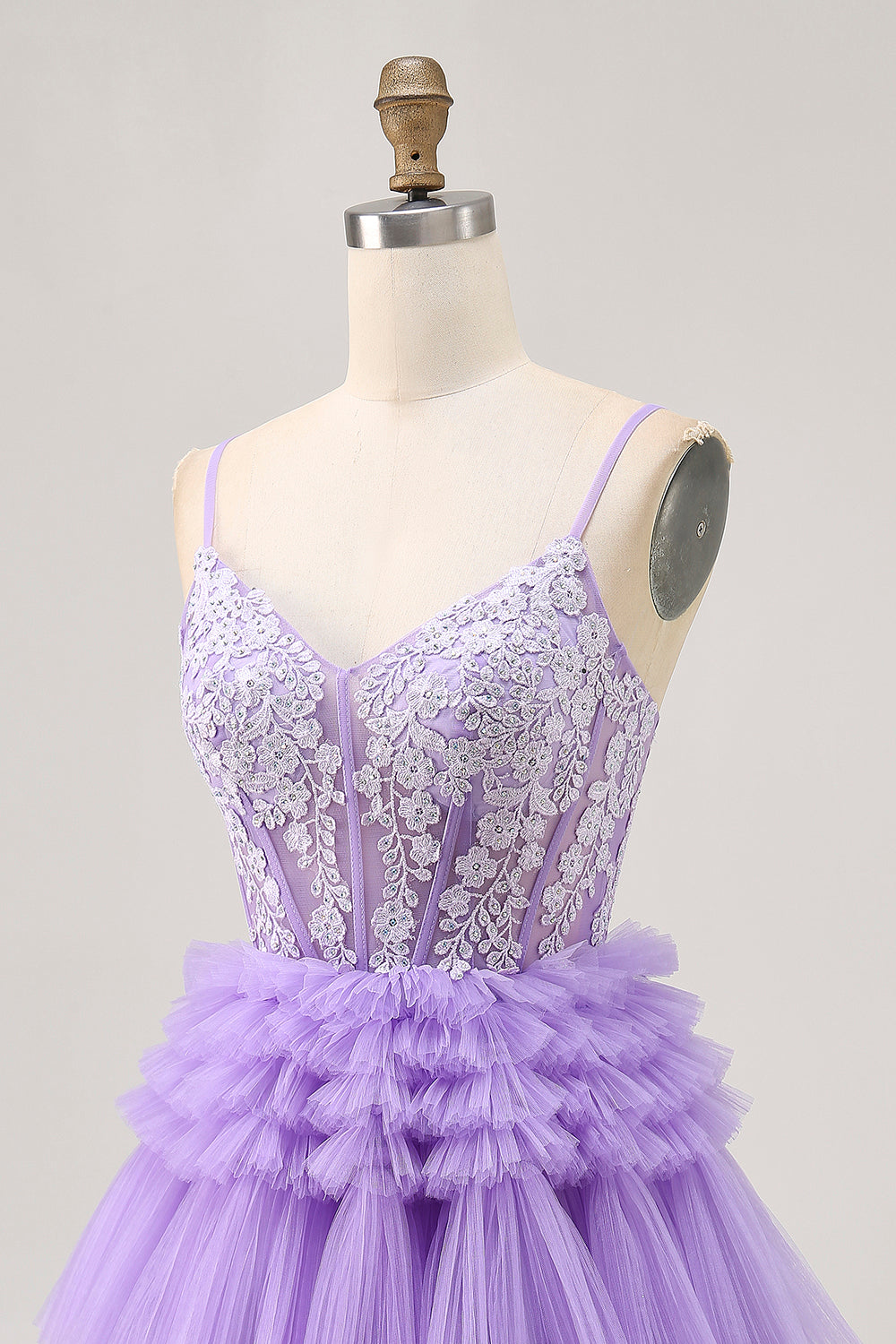 Lavender Floral Short Corset Tiered Homecoming Dress with Applique