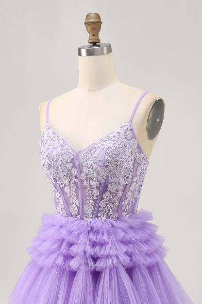 Lavender Floral Short Corset Tiered Homecoming Dress with Applique